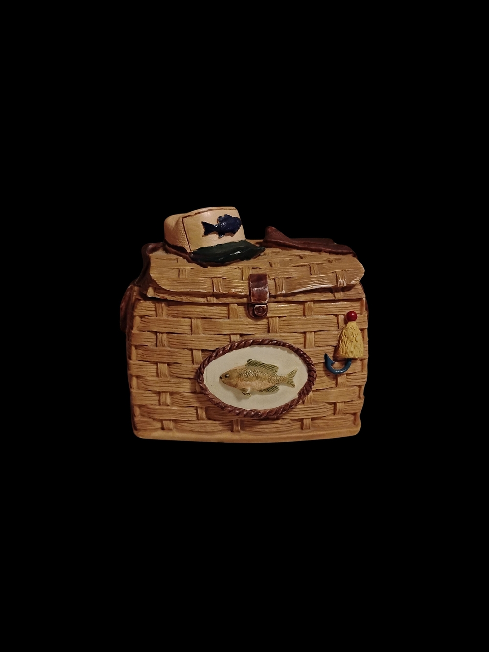 1993 Vintage Hand Painted Dezine LTD Resin Fishing Basket Trinket Box